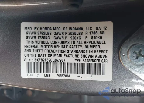 2012 Honda Civic Ex from USA, damaged, VIN 19XFB2F89CE367987